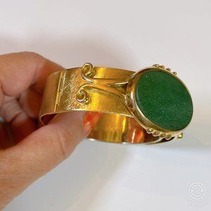 EUC LARGE Brass Bangle with Large Oval Green Goldstone Gem